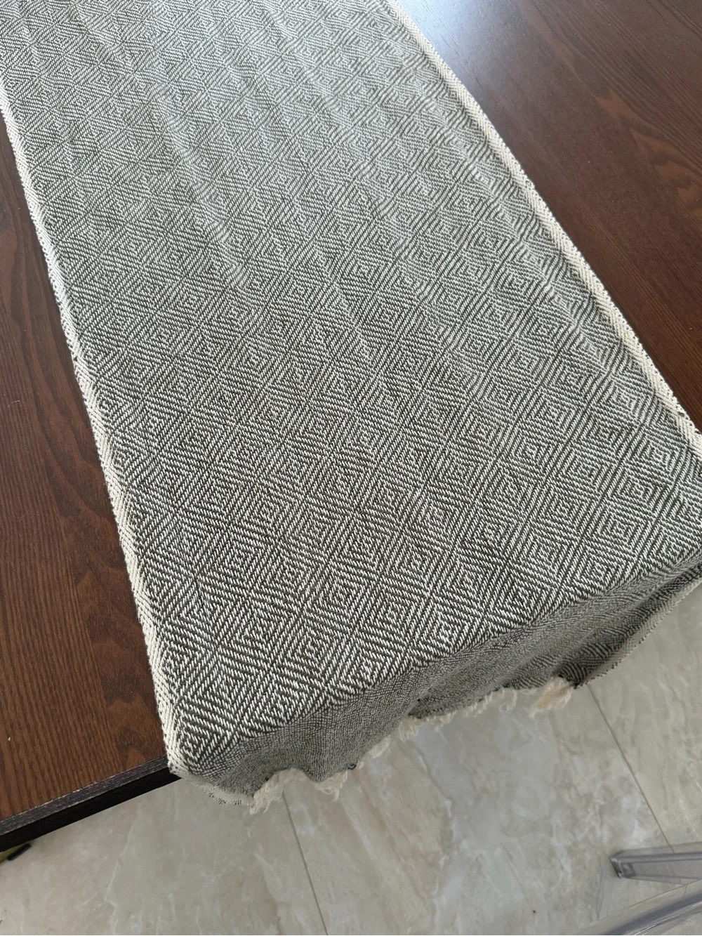 Crate & Barrel Linen Blend Herringbone Table Runner Olive Fringed 16 x 90